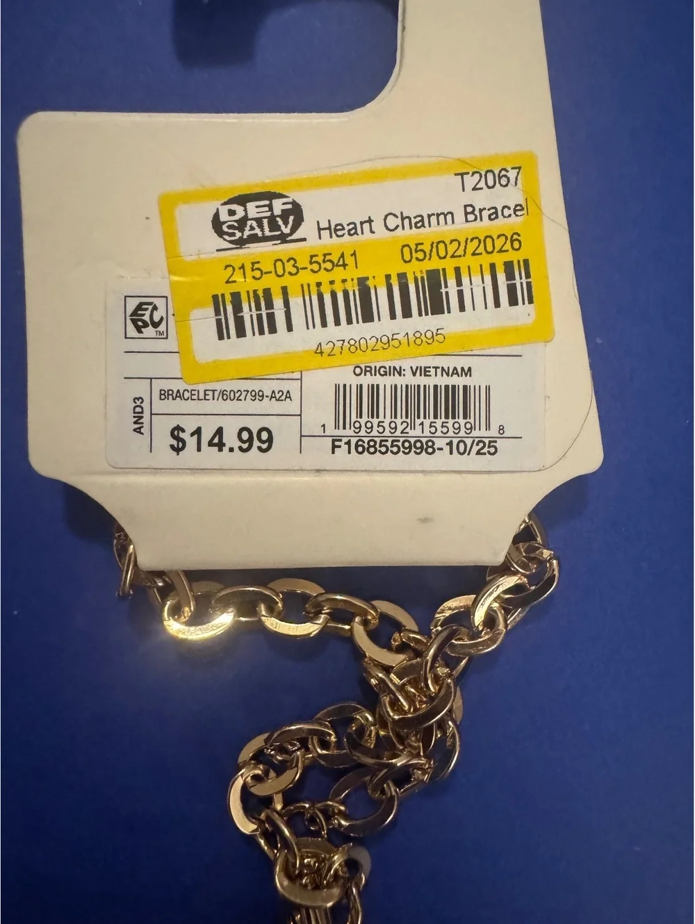 Gold-Tone Heart Charm Bracelet with Rhinestone Accents, New with Tags